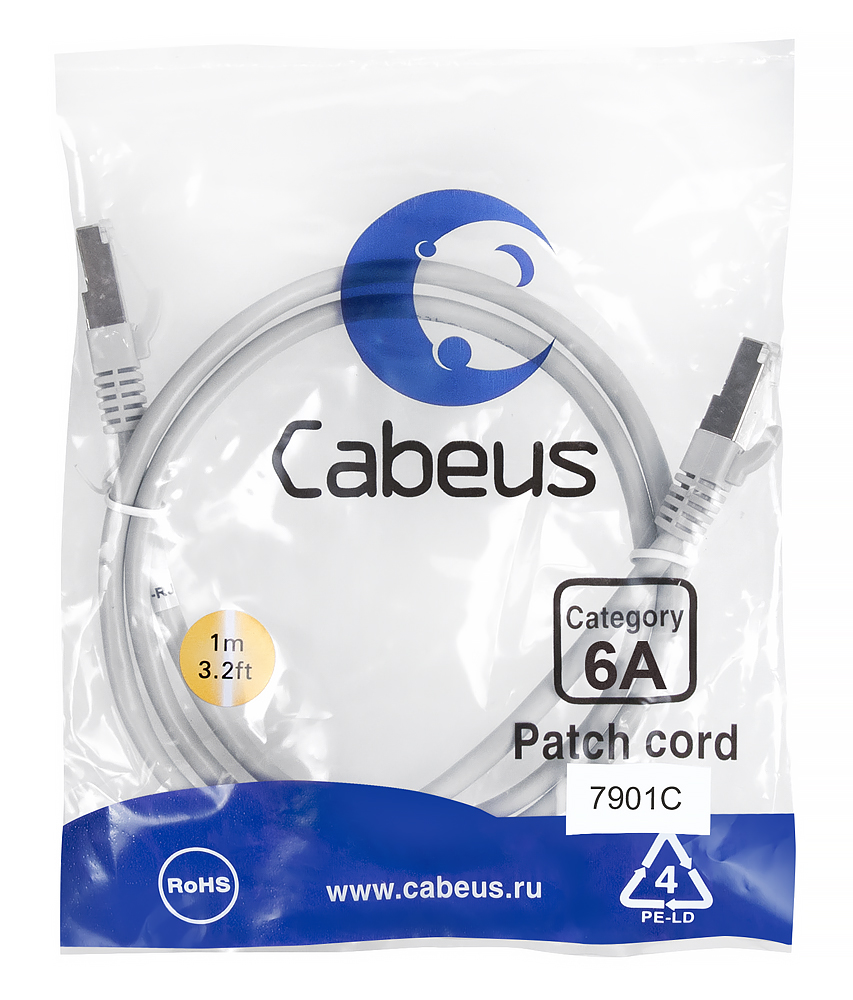 Патч-корд RJ45 S/FTP 6a Cabeus PC-SSTP-RJ45-Cat.6a-1m-LSZH LSZH серый 1 метр — фото