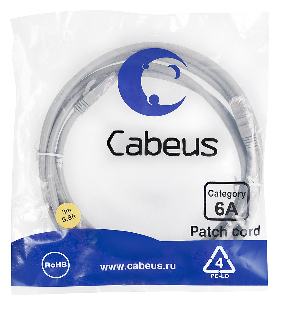 Патч-корд RJ45 UTP 6a Cabeus PC-UTP-RJ45-Cat.6a-3m-LSZH LSZH серый 3 метра — фото