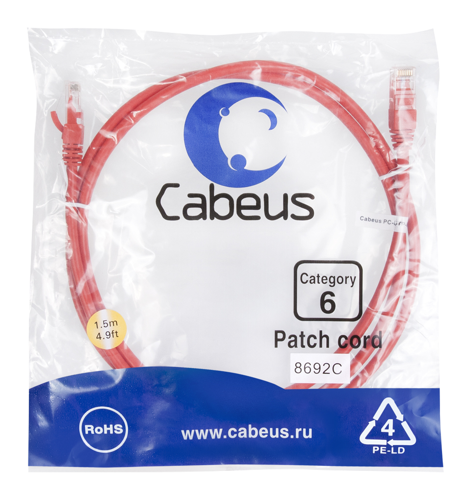 Патч-корд RJ45 UTP 6 Cabeus PC-UTP-RJ45-Cat.6-1.5m-RD PVC красный 1.5 метра — фото