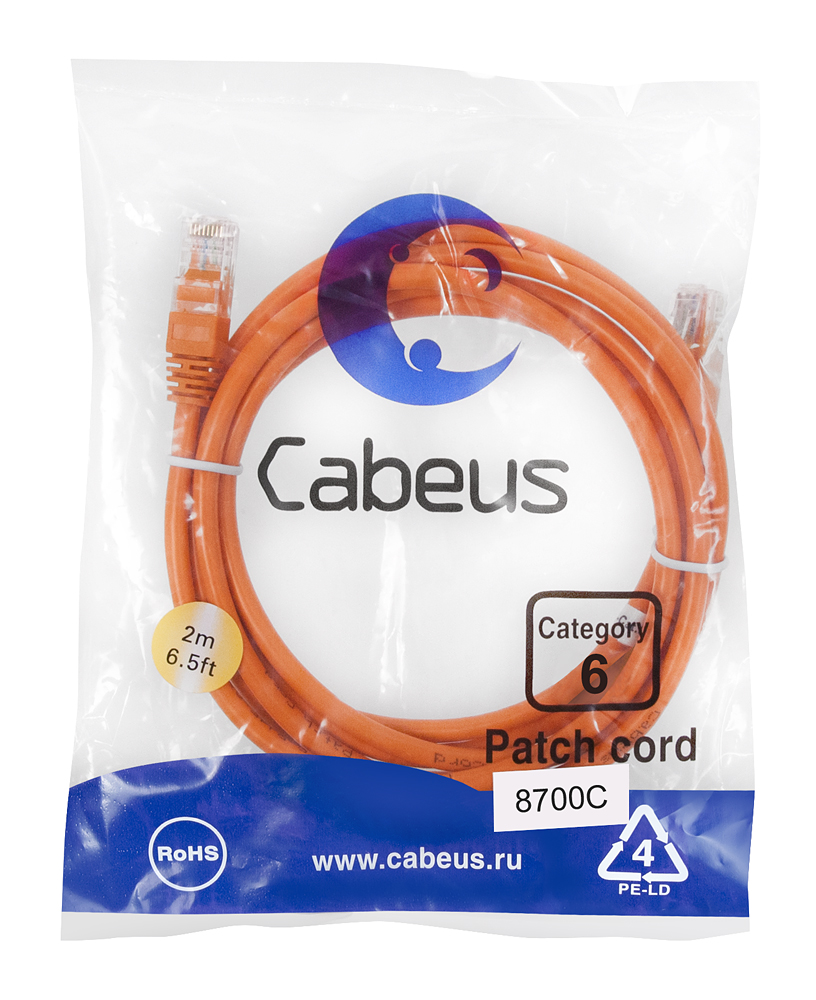 Патч-корд RJ45 UTP 6 Cabeus PC-UTP-RJ45-Cat.6-2m-OR PVC оранжевый 2 метра — фото