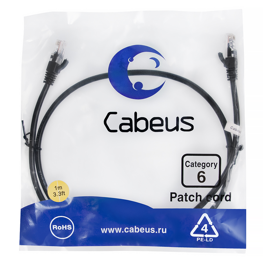 Патч-корд RJ45 UTP 6 Cabeus PC-UTP-RJ45-Cat.6-1m-BK PVC черный 1 метр — фото