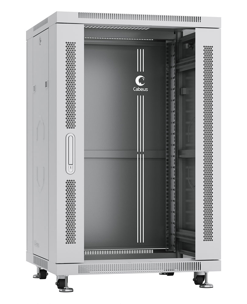 Cabeus SH-05C-18U60/80 Шкаф монтажный телекоммуникационный 19" напольный для распределительного и серверного оборудования 18U 600x800x988mm (ШхГхВ) передняя стеклянная и задняя сплошная металлическая двери, ручка с замком, цвет серый (RAL 7035) — фото