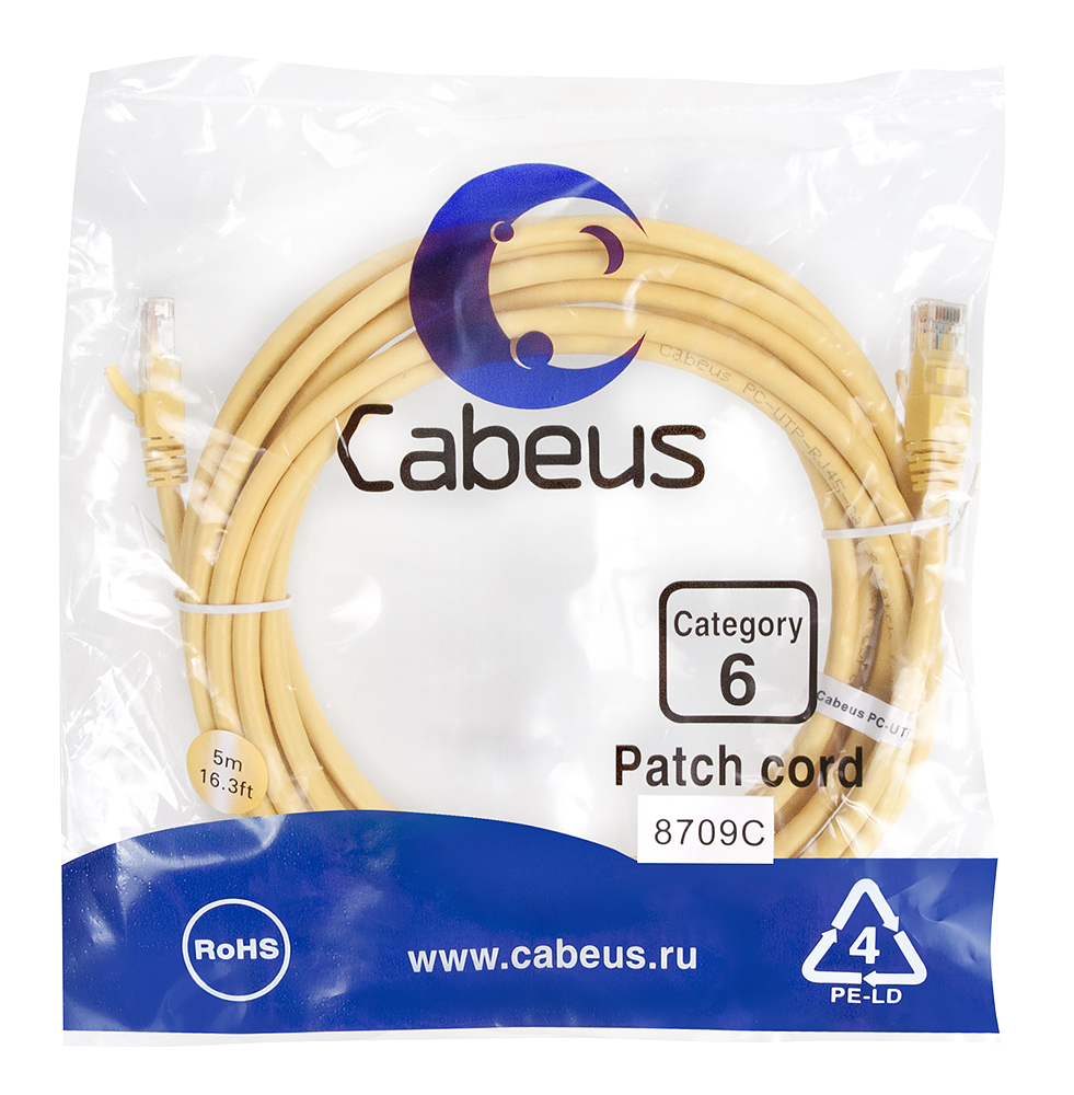 Патч-корд RJ45 UTP 6 Cabeus PC-UTP-RJ45-Cat.6-5m-YL PVC желтый 5 метров — фото