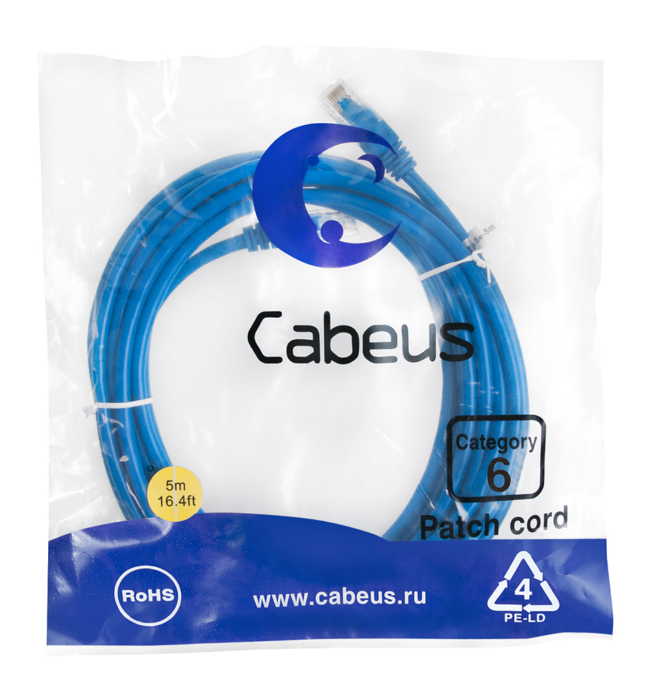 Патч-корд RJ45 UTP 6 Cabeus PC-UTP-RJ45-Cat.6-5m-BL PVC синий 5 метров — фото