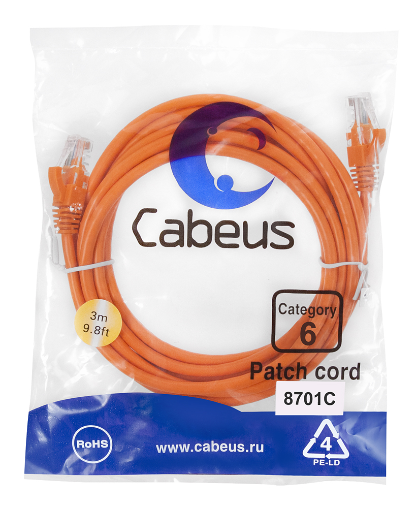 Патч-корд RJ45 UTP 6 Cabeus PC-UTP-RJ45-Cat.6-3m-OR PVC оранжевый 3 метра — фото