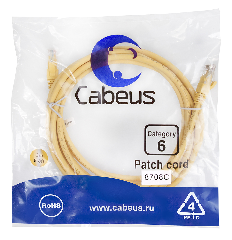 Патч-корд RJ45 UTP 6 Cabeus PC-UTP-RJ45-Cat.6-3m-YL PVC желтый 3 метра — фото