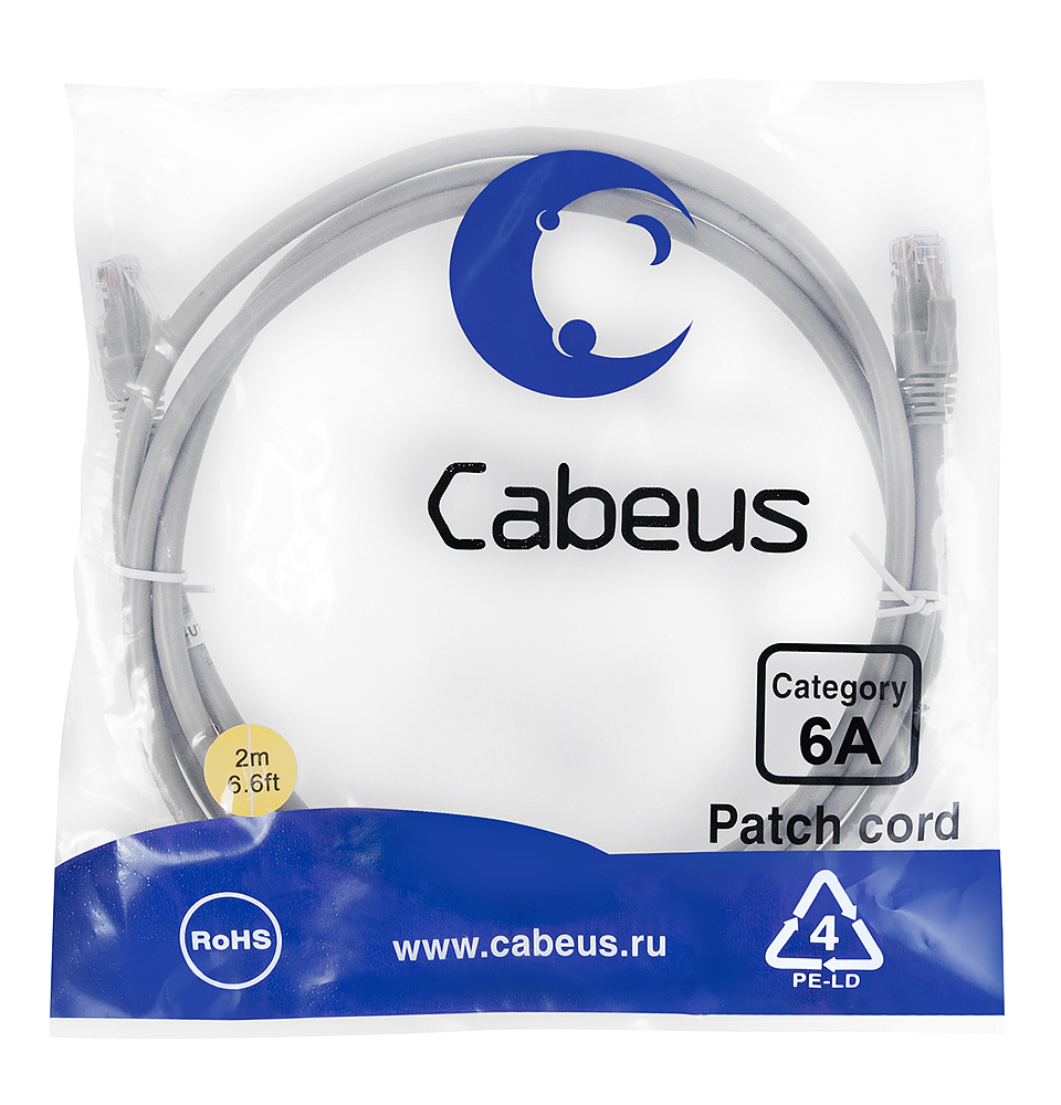 Патч-корд RJ45 UTP 6a Cabeus PC-UTP-RJ45-Cat.6a-2m-LSZH LSZH серый 2 метра — фото