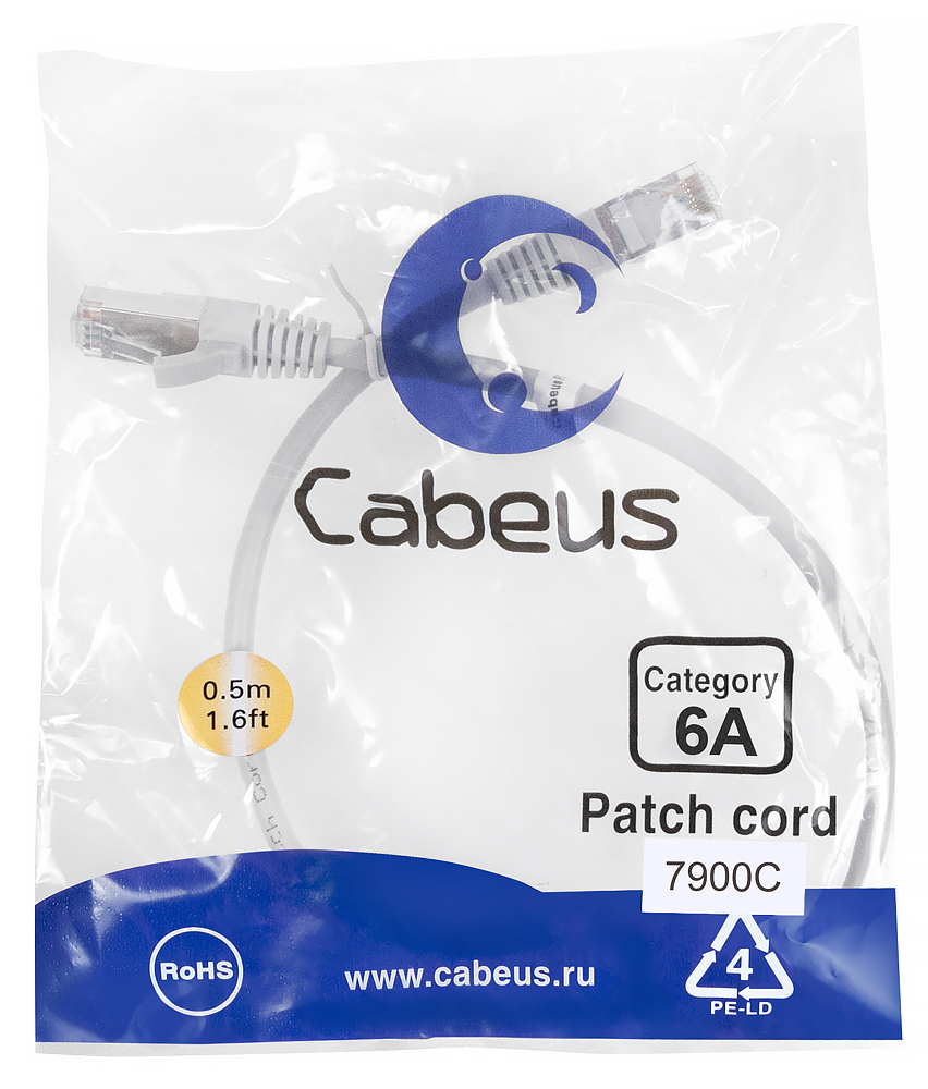 Патч-корд RJ45 S/FTP 6a Cabeus PC-SSTP-RJ45-Cat.6a-0.5m-LSZH LSZH серый 0.5 метра — фото