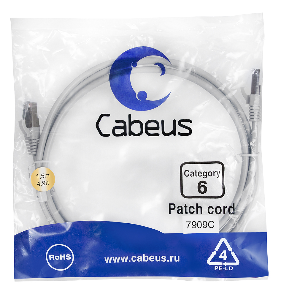 Патч-корд RJ45 F/UTP 6 Cabeus PC-FTP-RJ45-Cat.6-1.5m-LSZH LSZH серый 1.5 метра — фото