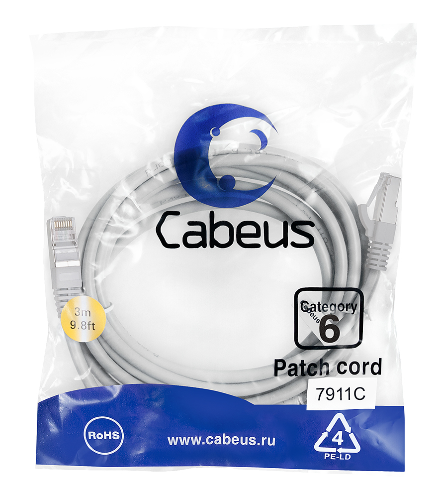 Патч-корд RJ45 F/UTP 6 Cabeus PC-FTP-RJ45-Cat.6-3m-LSZH LSZH серый 3 метра — фото