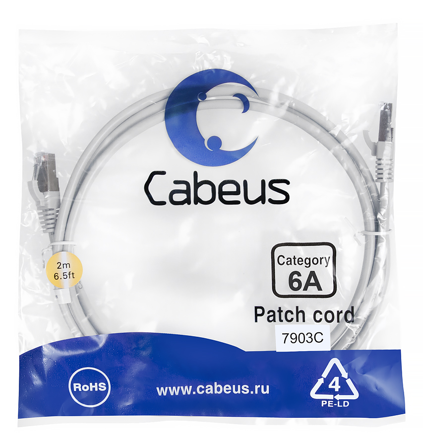 Патч-корд RJ45 S/FTP 6a Cabeus PC-SSTP-RJ45-Cat.6a-2m-LSZH LSZH серый 2 метра — фото