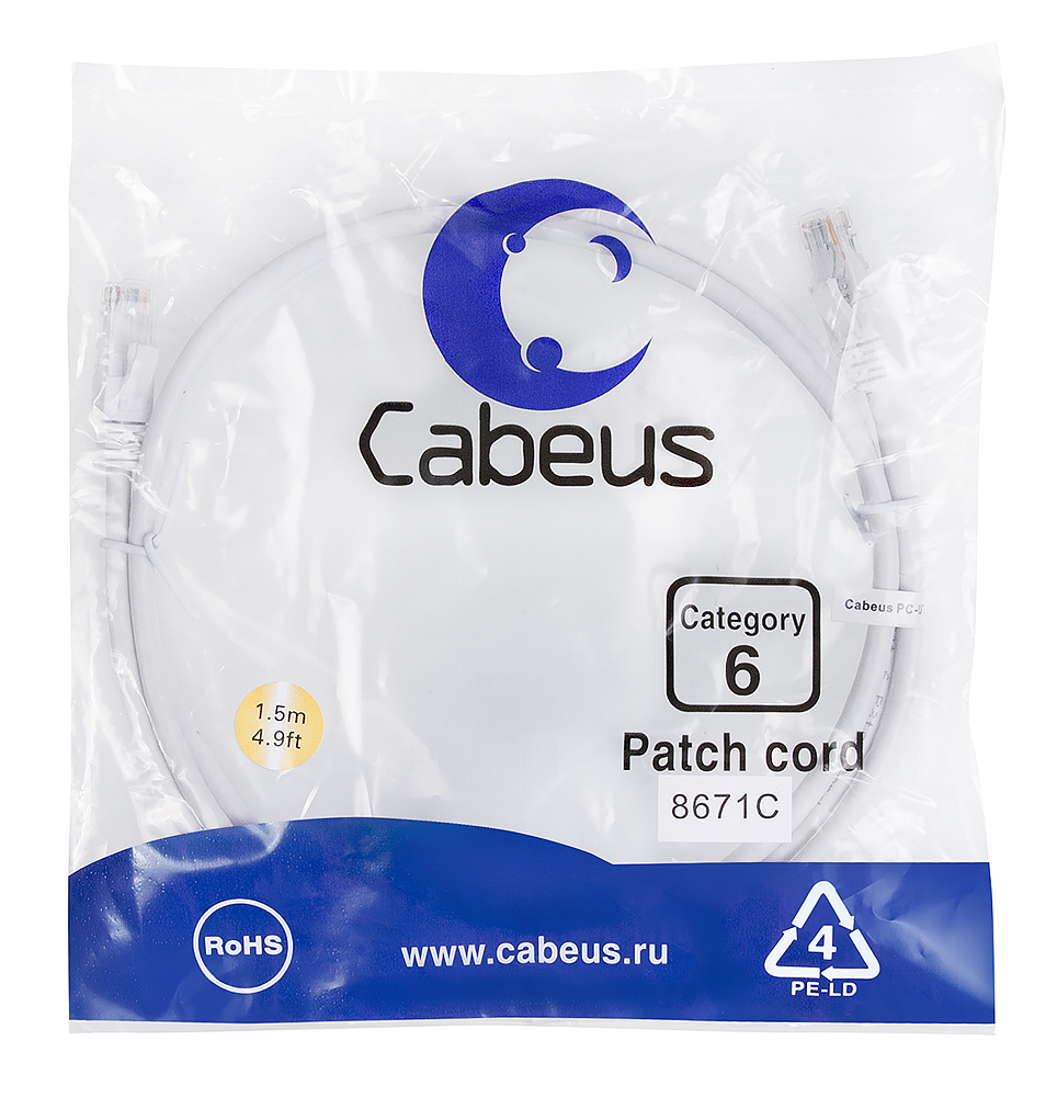 Патч-корд RJ45 UTP 6 Cabeus PC-UTP-RJ45-Cat.6-1.5m-WH PVC белый 1.5 метра — фото