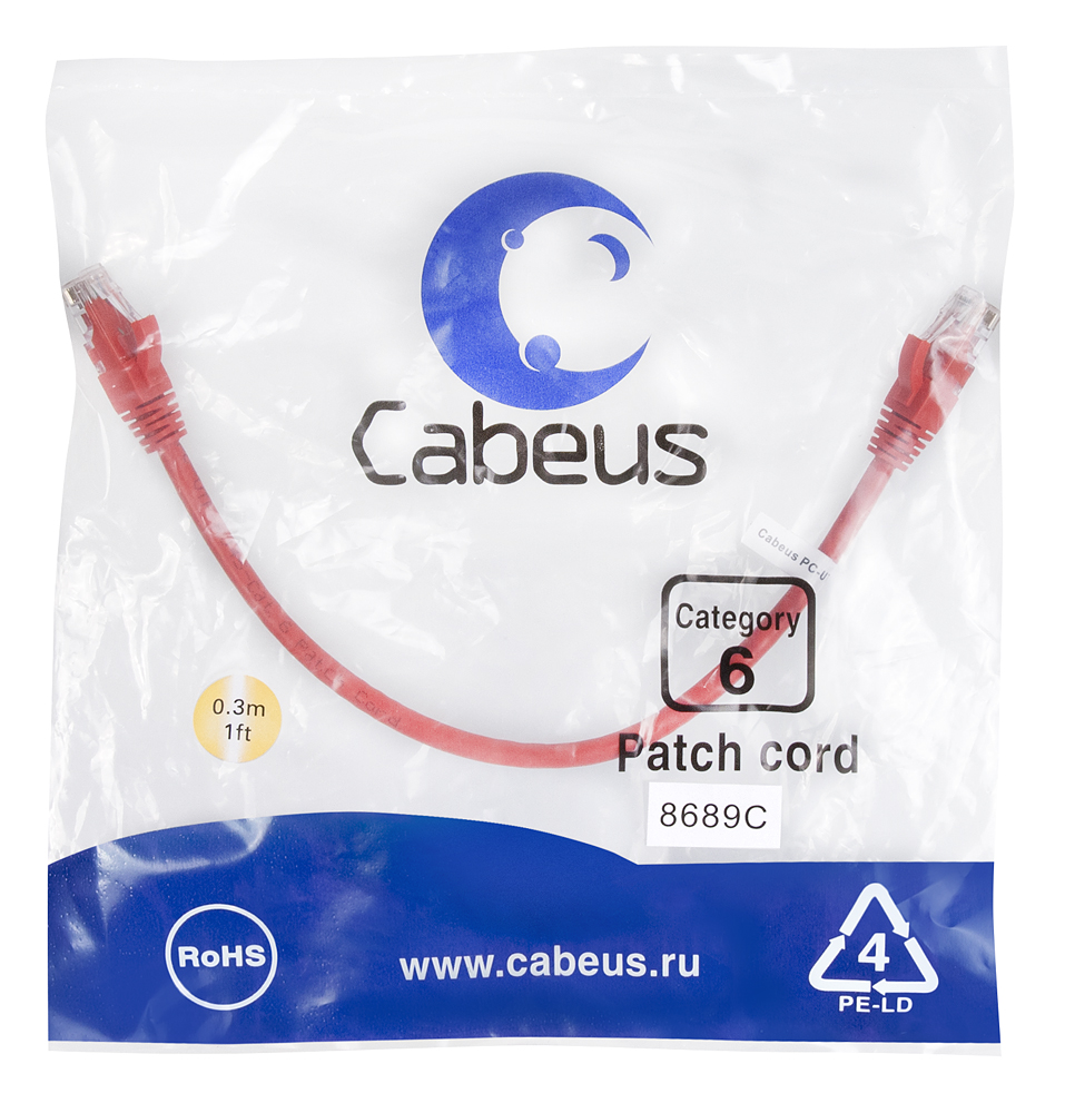 Патч-корд RJ45 UTP 6 Cabeus PC-UTP-RJ45-Cat.6-0.3m-RD PVC красный 0.3 метра — фото