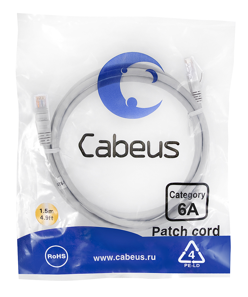 Патч-корд RJ45 UTP 6a Cabeus PC-UTP-RJ45-Cat.6a-1.5m-LSZH LSZH серый 1.5 метра — фото