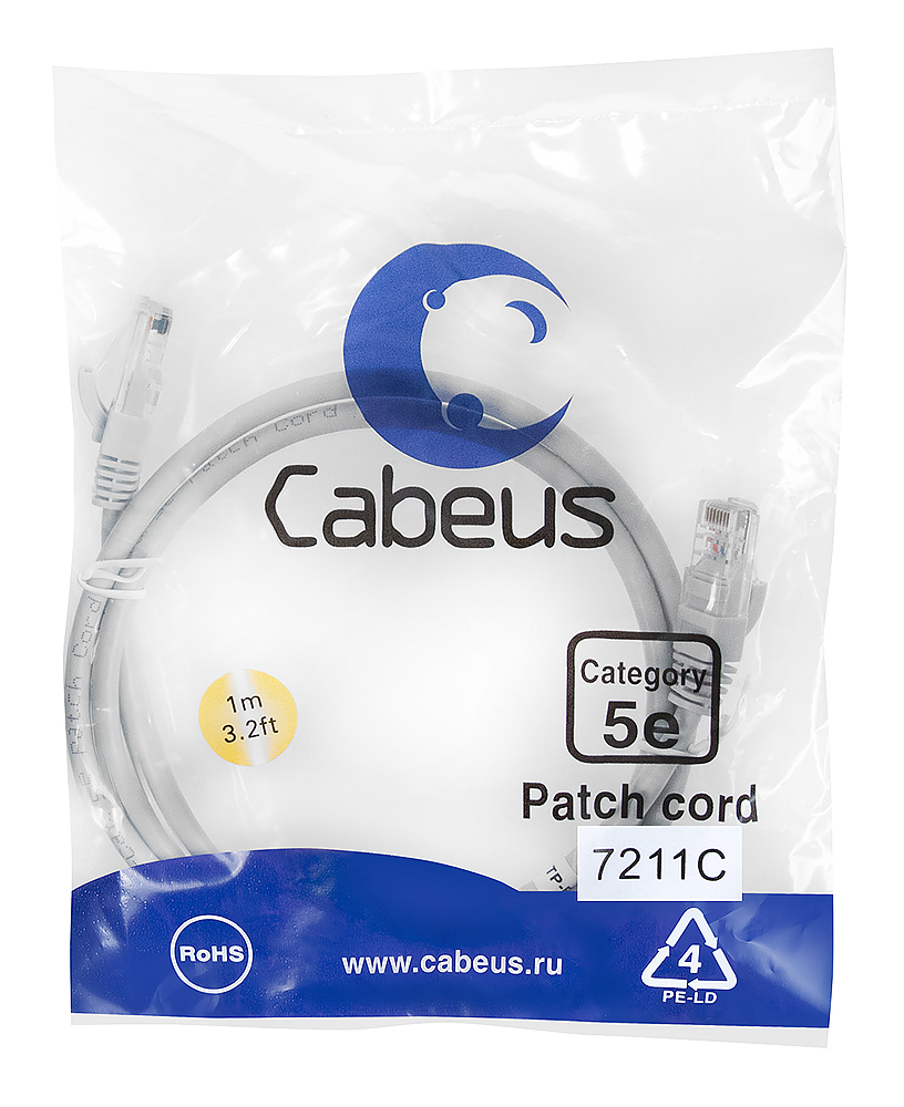 Патч-корд RJ45 UTP 5e Cabeus PC-UTP-RJ45-Cat.5e-1m PVC серый 1 метр — фото