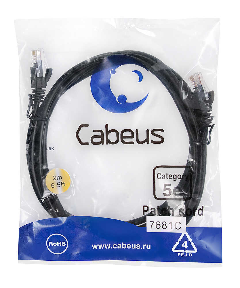 Патч-корд RJ45 UTP 5e Cabeus PC-UTP-RJ45-Cat.5e-2m-BK PVC черный 2 метра — фото
