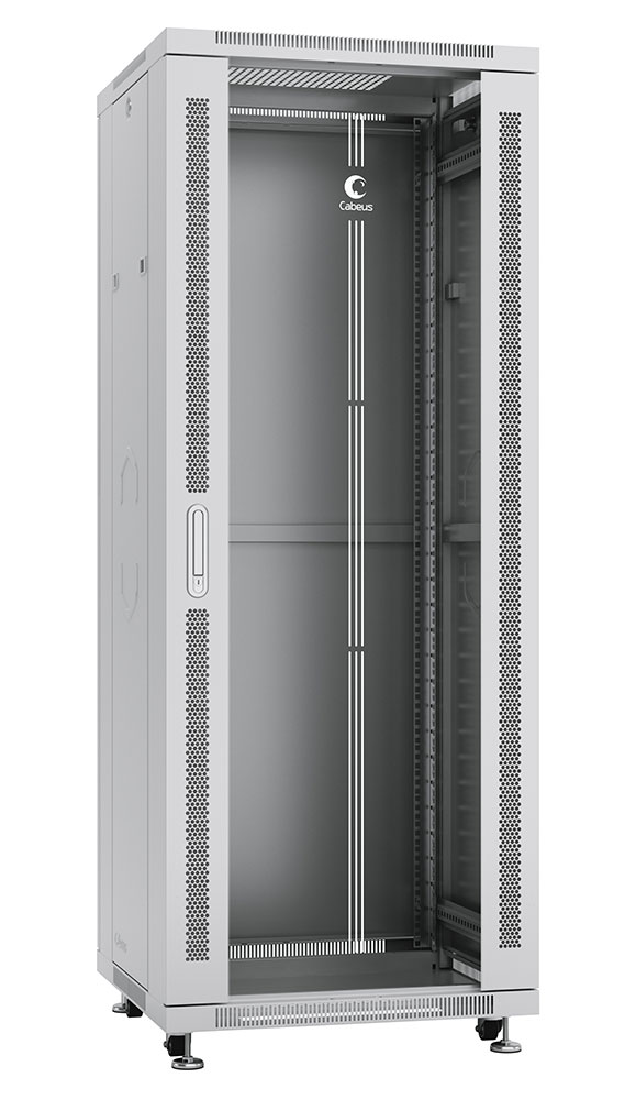 Cabeus SH-05C-32U60/60 Шкаф монтажный телекоммуникационный 19" напольный для распределительного и серверного оборудования 32U 600x600x1610mm (ШхГхВ) передняя стеклянная и задняя сплошная металлическая двери, ручка с замком, цвет серый (RAL 7035) — фото