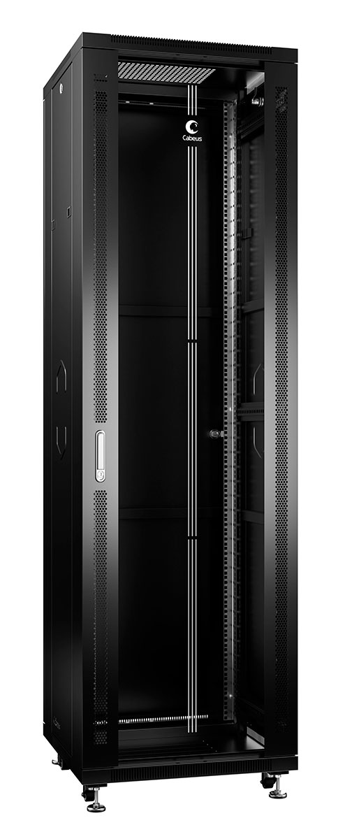 Cabeus SH-05C-42U60/80-BK Шкаф монтажный телекоммуникационный 19" напольный для распределительного и серверного оборудования 42U 600x800x2055mm (ШхГхВ) передняя стеклянная и задняя сплошная металлическая двери, ручка с замком, цвет черный (RAL 9004) — фото