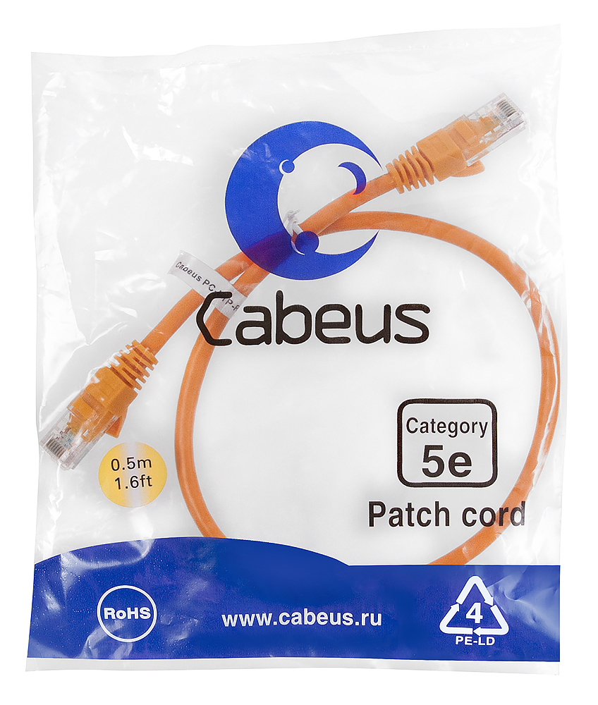 Патч-корд RJ45 UTP 5e Cabeus PC-UTP-RJ45-Cat.5e-0.5m-OR PVC оранжевый 0.5 метра — фото