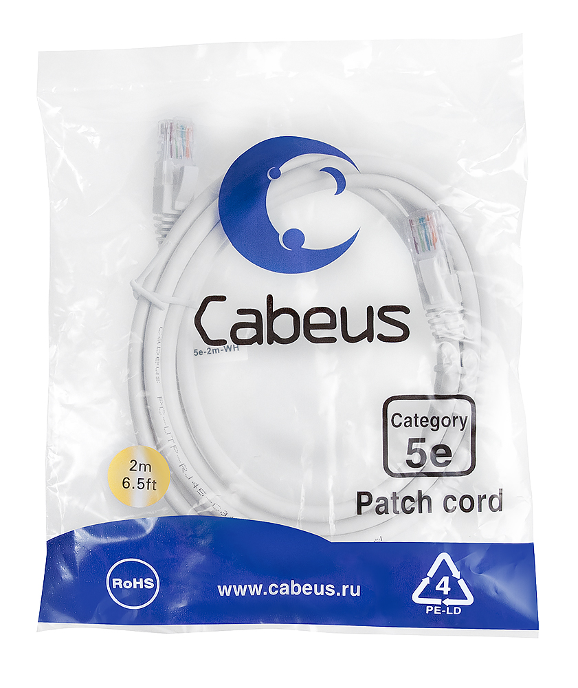 Патч-корд RJ45 UTP 5e Cabeus PC-UTP-RJ45-Cat.5e-2m-WH-LSZH LSZH белый 2 метра — фото