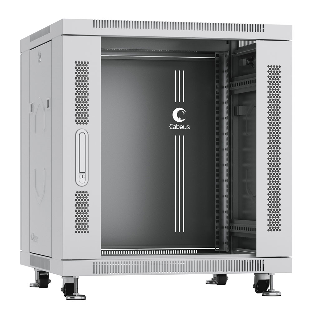 Cabeus SH-05C-12U60/60 Шкаф монтажный телекоммуникационный 19" напольный для распределительного и серверного оборудования 12U 600x600x730mm (ШхГхВ) передняя стеклянная и задняя сплошная металлическая двери, ручка с замком, цвет серый (RAL 7035) — фото