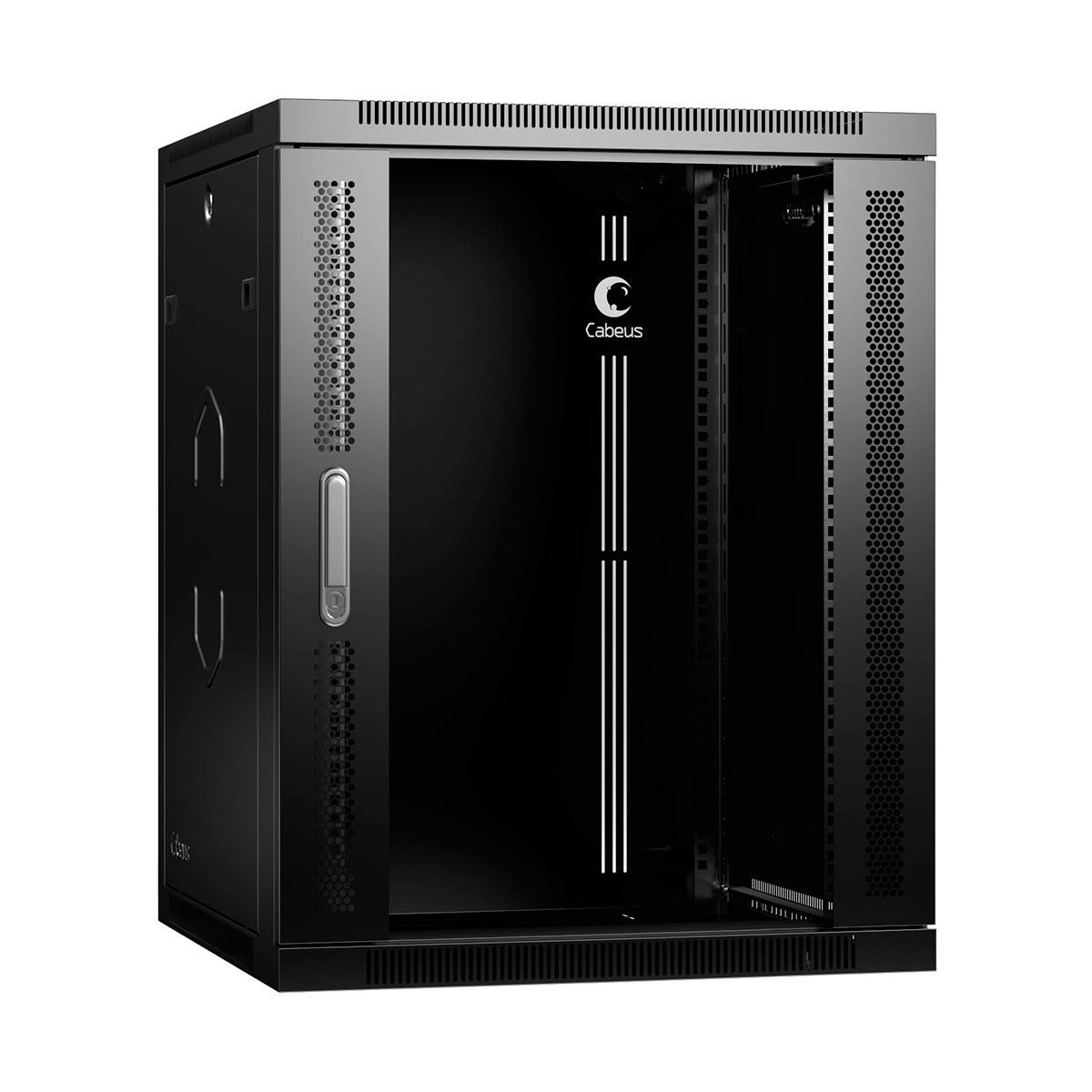 Cabeus SH-05F-15U60/45-R-BK Шкаф телекоммуникационный настенный разобранный 19" 15U 600x450x769mm (ШхГхВ) дверь стекло, цвет черный (RAL 9004) — фото