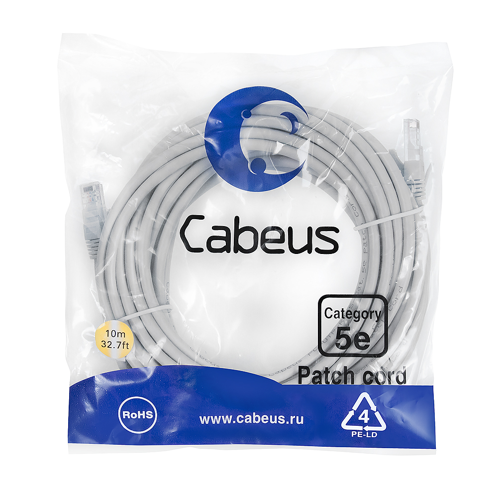 Патч-корд RJ45 UTP 5e Cabeus PC-UTP-RJ45-Cat.5e-10m PVC серый 10 метров — фото