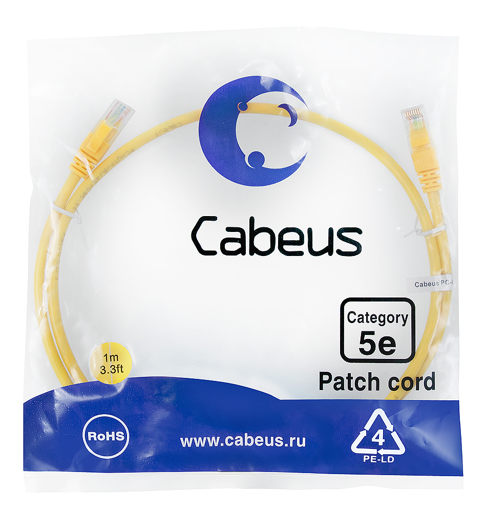Патч-корд RJ45 UTP 5e Cabeus PC-UTP-RJ45-Cat.5e-1m-YL PVC желтый 1 метр — фото