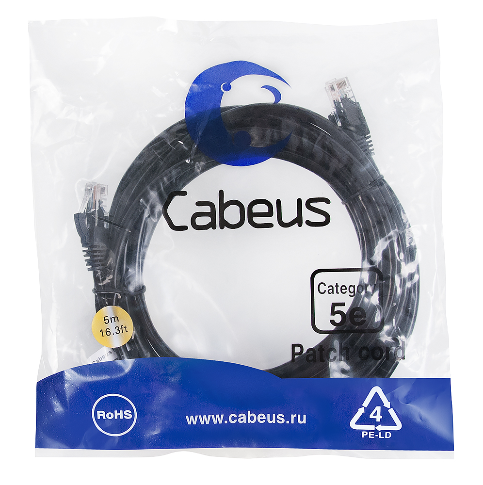 Патч-корд RJ45 UTP 5e Cabeus PC-UTP-RJ45-Cat.5e-5m-BK PVC черный 5 метров — фото