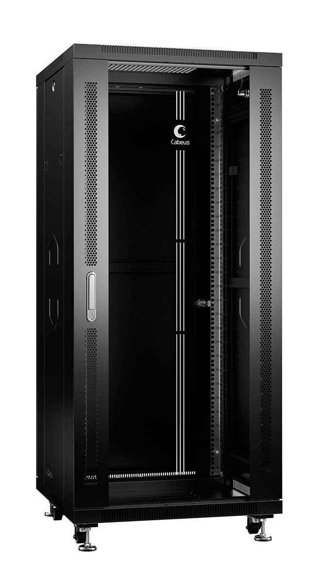 Cabeus SH-05C-27U60/80-BK Шкаф монтажный телекоммуникационный 19" напольный для распределительного и серверного оборудования 27U 600x800x1388mm (ШхГхВ) передняя стеклянная и задняя сплошная металлическая двери, ручка с замком, цвет черный (RAL 9004) — фото