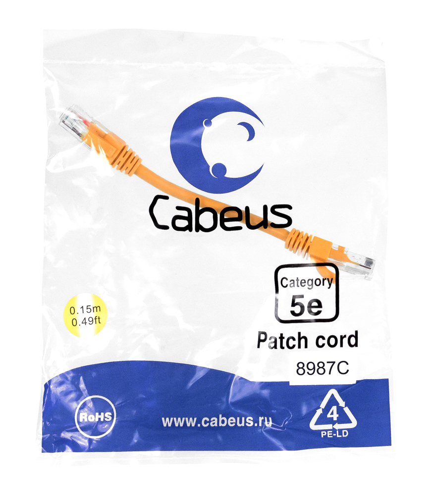 Патч-корд RJ45 UTP 5e Cabeus PC-UTP-RJ45-Cat.5e-0.15m-OR PVC оранжевый 0.15 метра — фото