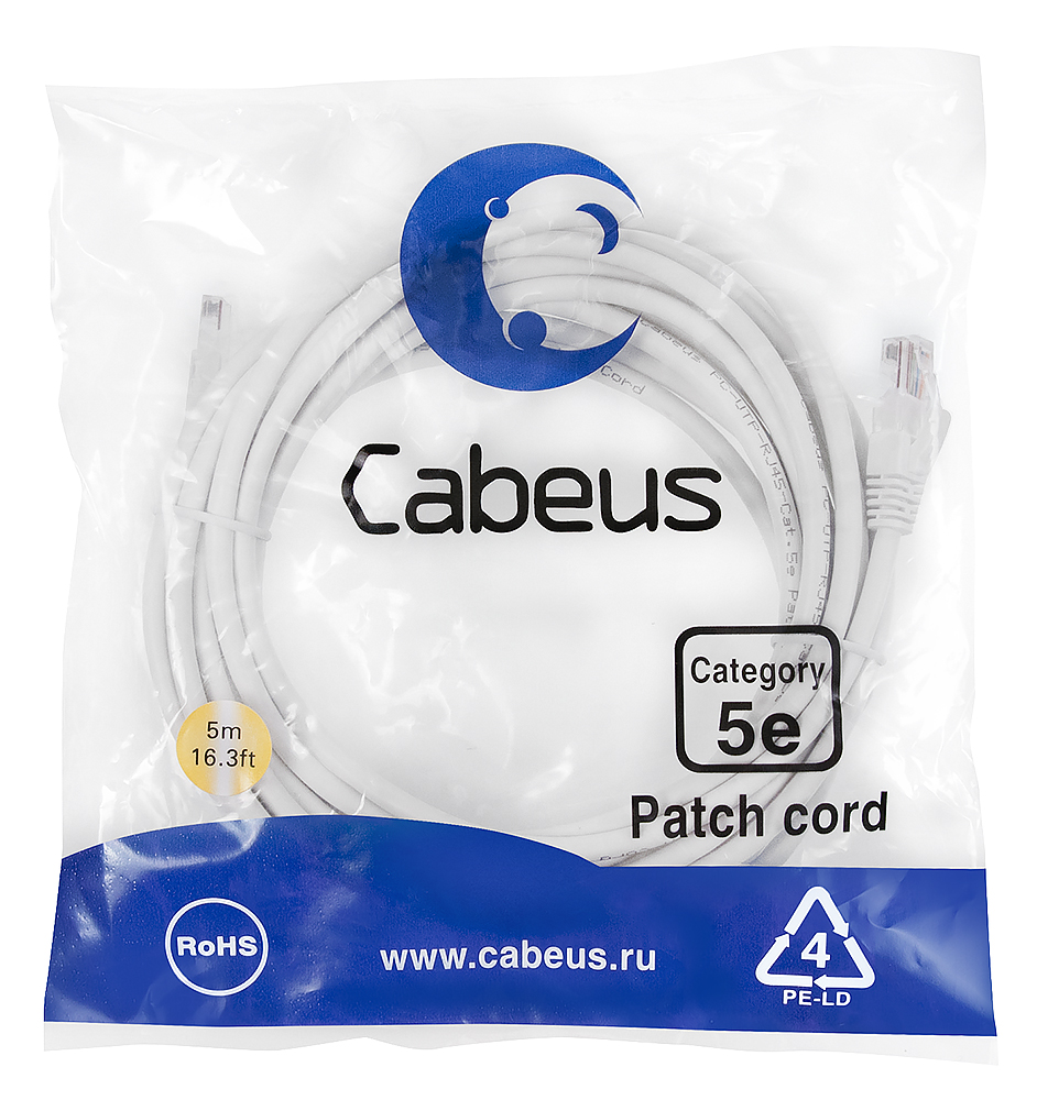 Патч-корд RJ45 UTP 5e Cabeus PC-UTP-RJ45-Cat.5e-5m-WH-LSZH LSZH белый 5 метров — фото