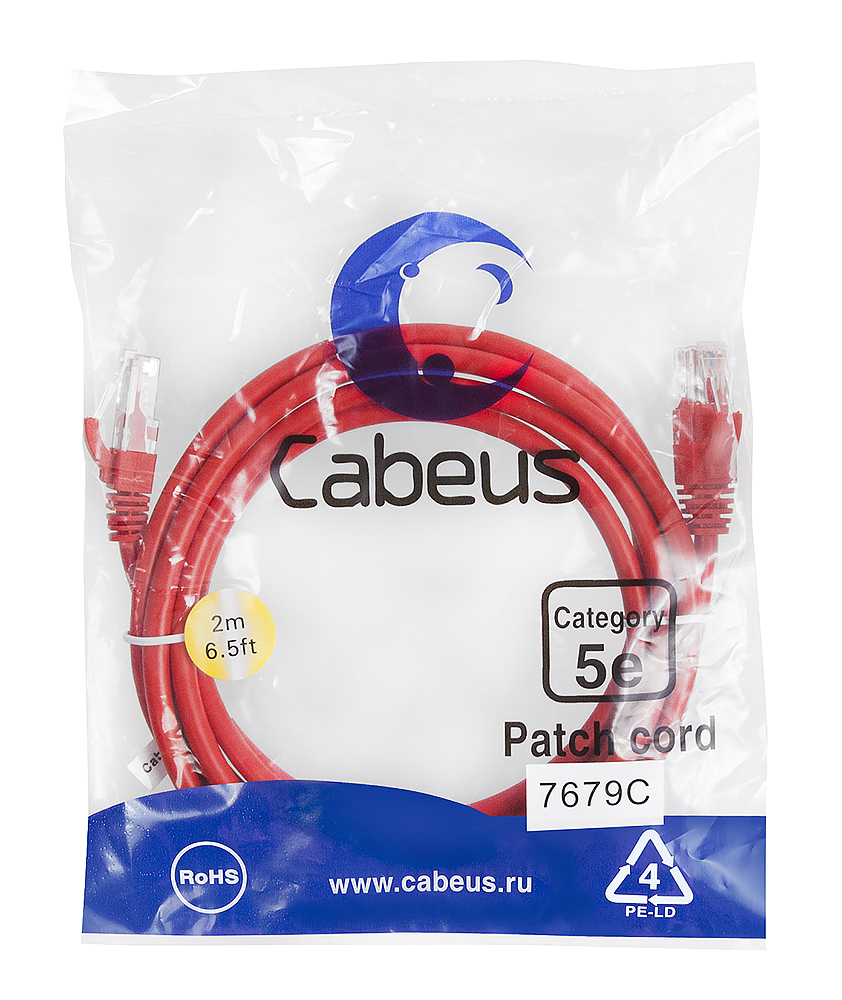 Патч-корд RJ45 UTP 5e Cabeus PC-UTP-RJ45-Cat.5e-2m-RD PVC красный 2 метра — фото
