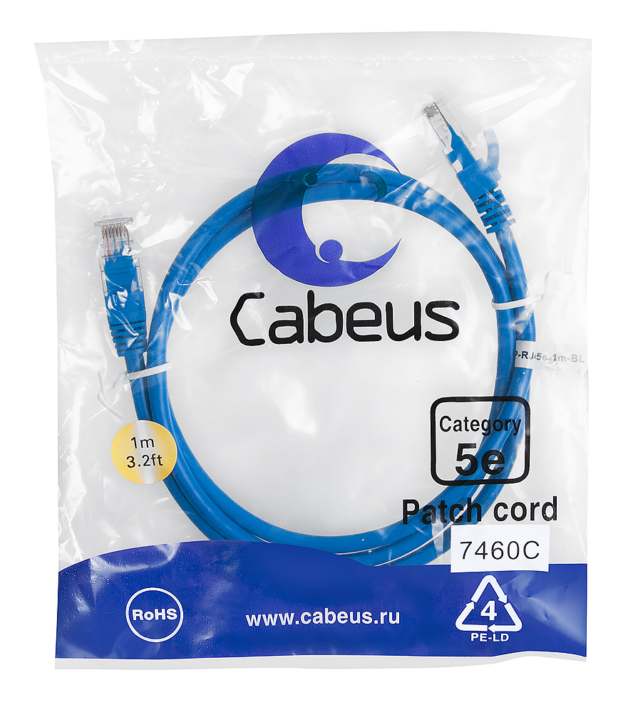 Патч-корд RJ45 UTP 5e Cabeus PC-UTP-RJ45-Cat.5e-1m-BL-LSZH LSZH синий 1 метр — фото