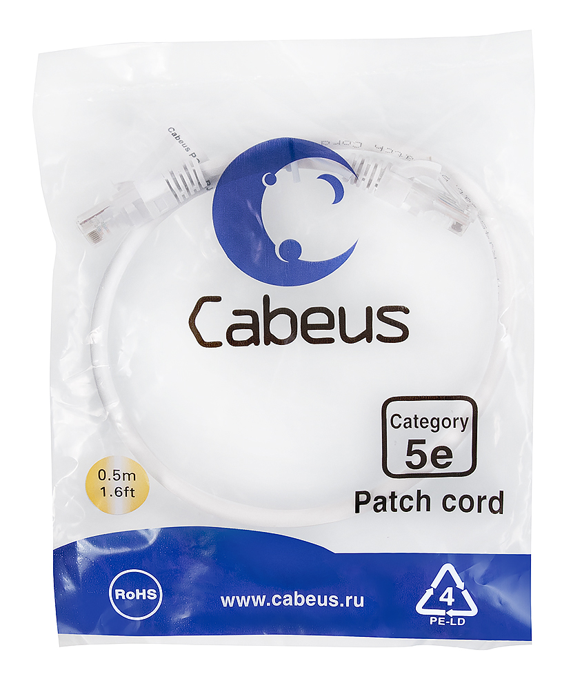 Патч-корд RJ45 UTP 5e Cabeus PC-UTP-RJ45-Cat.5e-0.5m-WH PVC белый 0.5 метра — фото