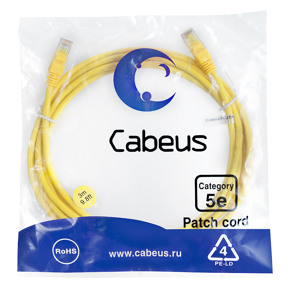 Патч-корд RJ45 UTP 5e Cabeus PC-UTP-RJ45-Cat.5e-3m-YL PVC желтый 3 метра — фото