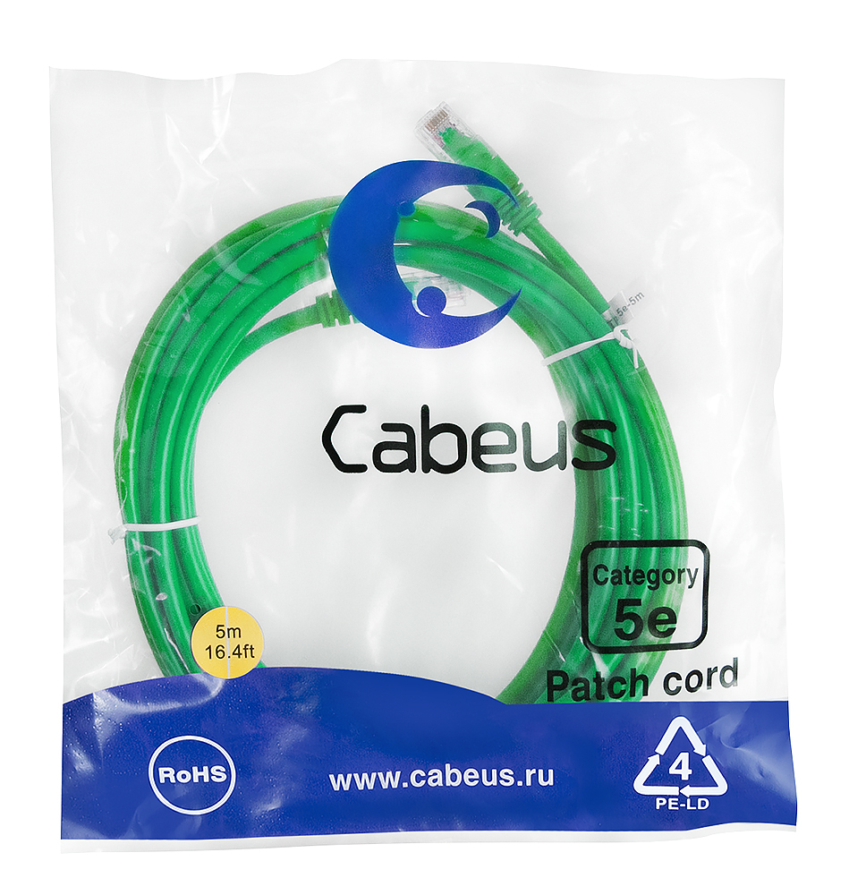 Патч-корд RJ45 UTP 5e Cabeus PC-UTP-RJ45-Cat.5e-5m-GN-LSZH LSZH зеленый 5 метров — фото