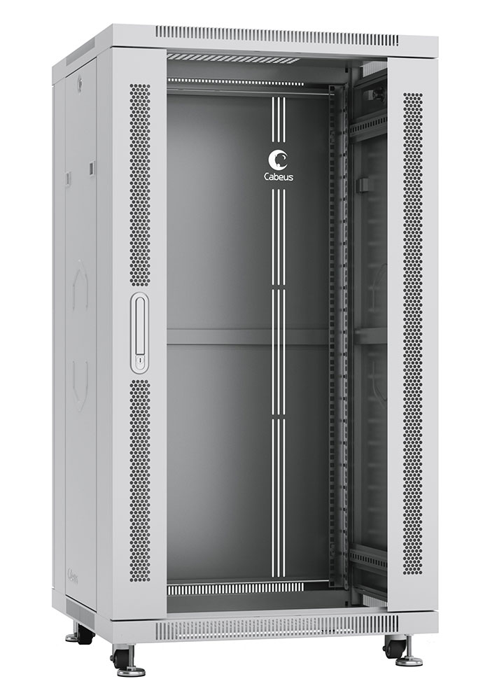Cabeus SH-05C-22U60/60 Шкаф монтажный телекоммуникационный 19" напольный для распределительного и серверного оборудования 22U 600x600x1166mm (ШхГхВ) передняя стеклянная и задняя сплошная металлическая двери, ручка с замком, цвет серый (RAL 7035) — фото