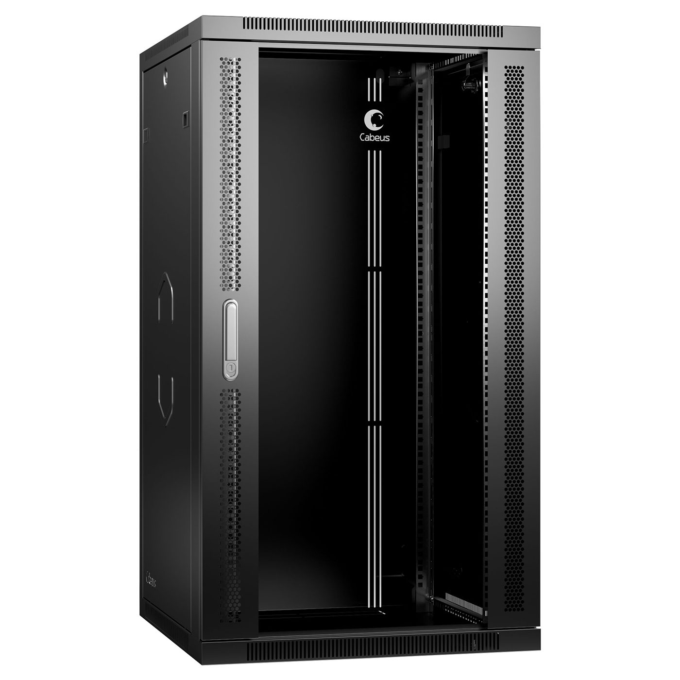 Cabeus SH-05F-22U60/45-BK Шкаф телекоммуникационный настенный 19" 22U 600x450x1082mm (ШхГхВ) дверь стекло, цвет черный (RAL 9004) — фото
