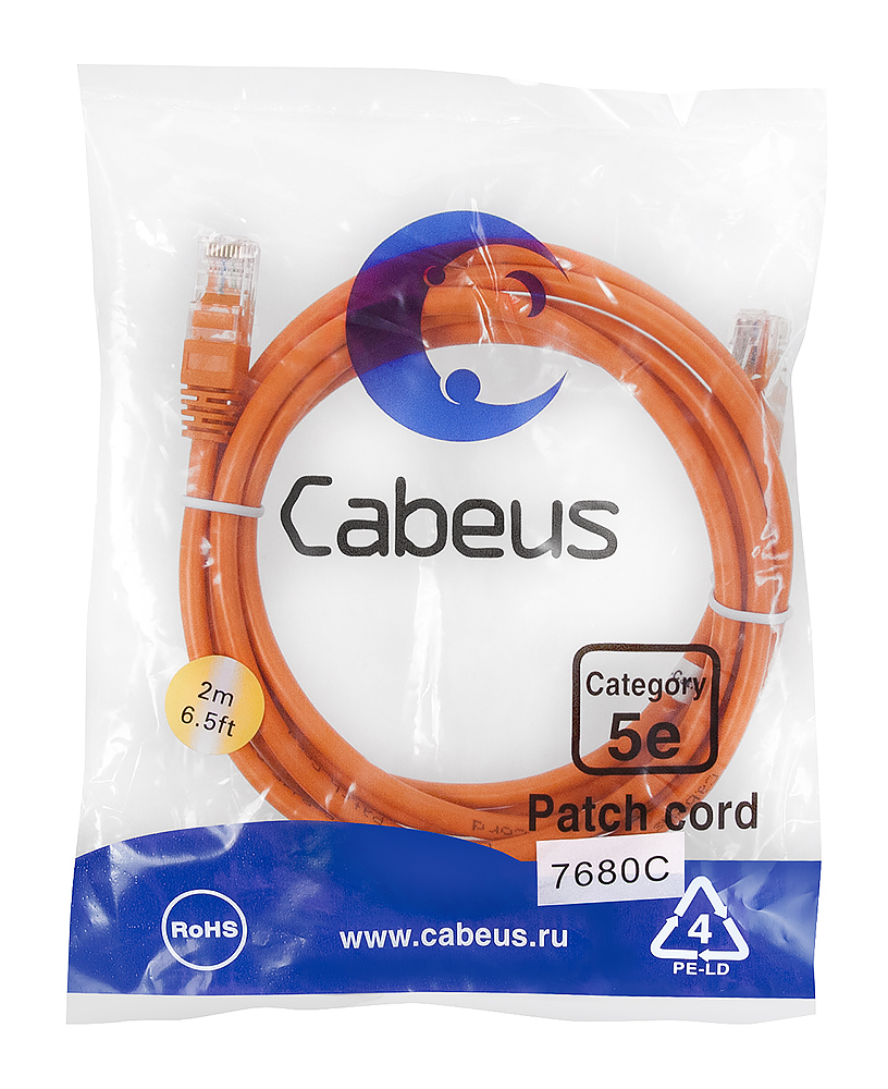 Патч-корд RJ45 UTP 5e Cabeus PC-UTP-RJ45-Cat.5e-2m-OR-LSZH LSZH оранжевый 2 метра — фото