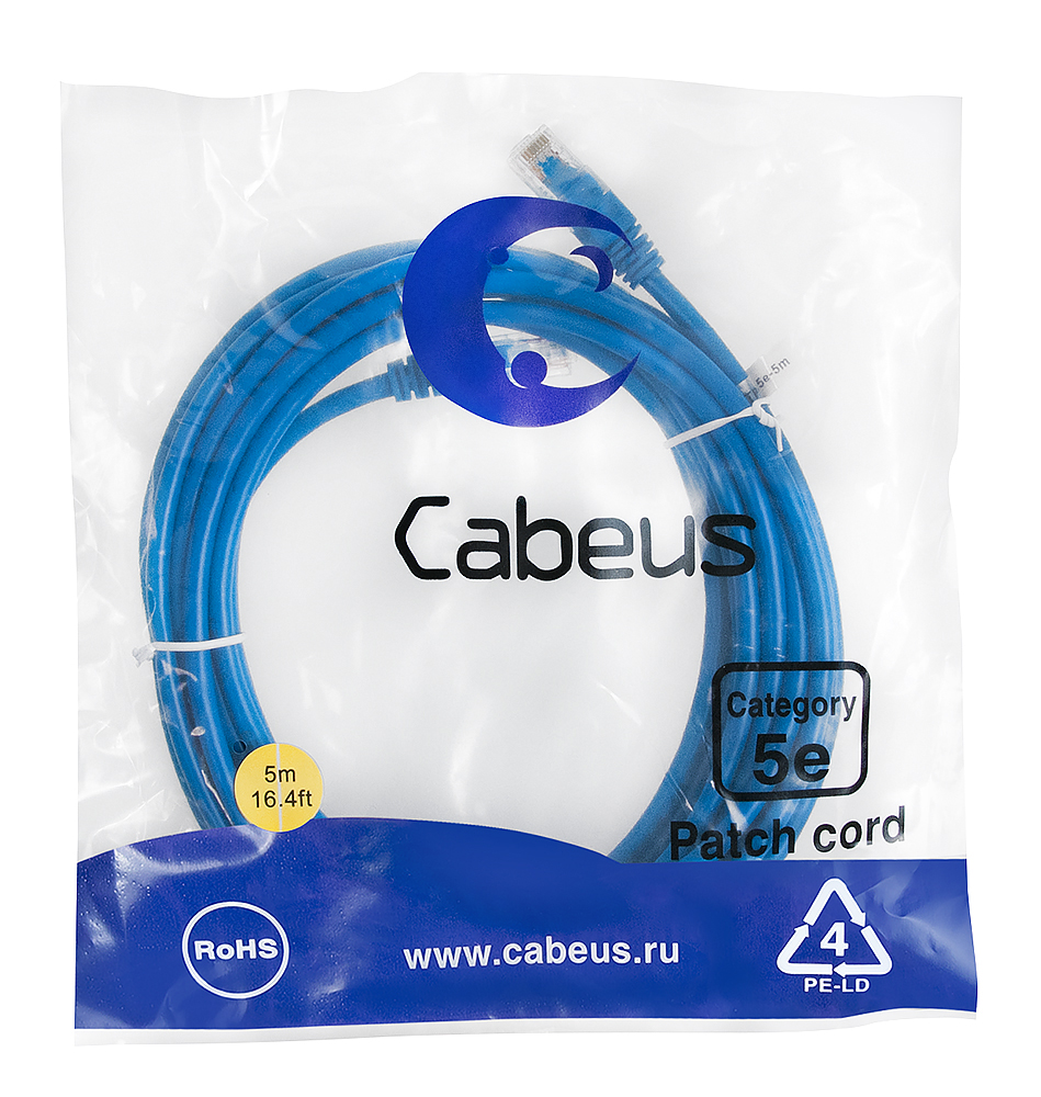 Патч-корд RJ45 UTP 5e Cabeus PC-UTP-RJ45-Cat.5e-5m-BL-LSZH LSZH синий 5 метров — фото