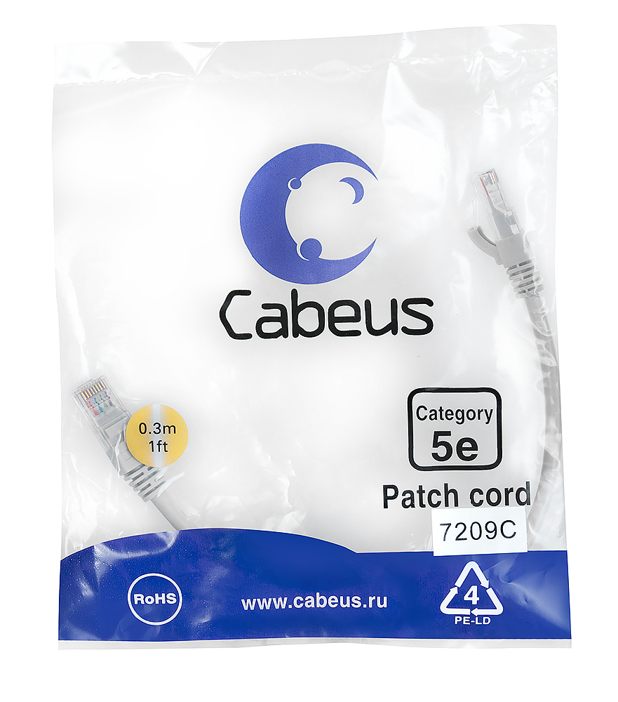 Патч-корд RJ45 UTP 5e Cabeus PC-UTP-RJ45-Cat.5e-0.3m PVC серый 0.3 метра — фото