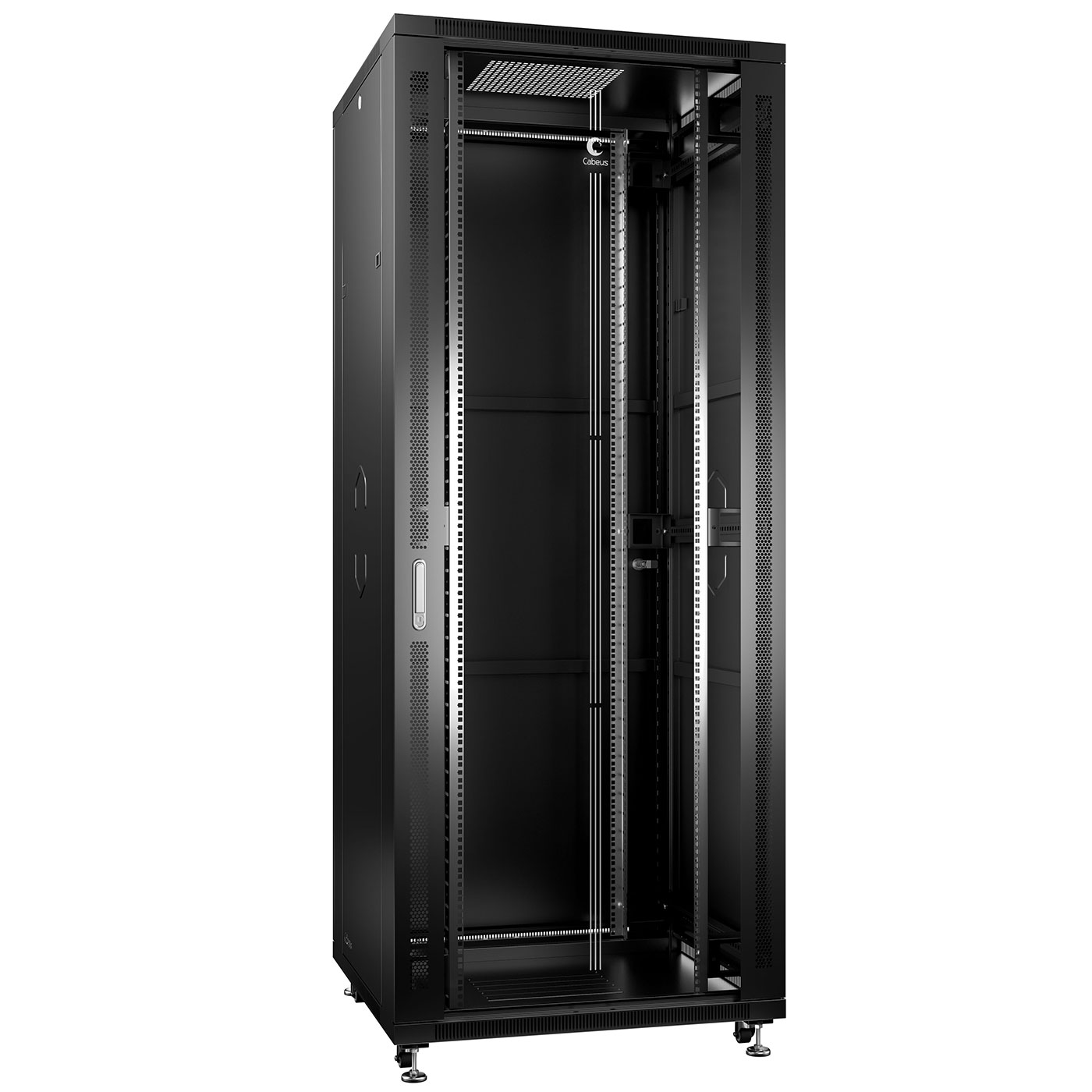 Cabeus SH-05C-42U80/100-BK Шкаф монтажный телекоммуникационный 19" напольный для распределительного и серверного оборудования 42U 800x1000x2055mm (ШхГхВ) передняя стеклянная и задняя сплошная металлическая двери, ручка с замком, цвет черный (RAL 9004) — фото