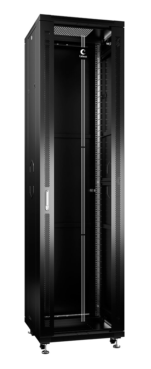 Cabeus SH-05C-47U60/60-BK Шкаф монтажный телекоммуникационный 19" напольный для распределительного и серверного оборудования 47U 600x600x2277mm (ШхГхВ) передняя стеклянная и задняя сплошная металлическая двери, ручка с замком, цвет черный (RAL 9004) — фото