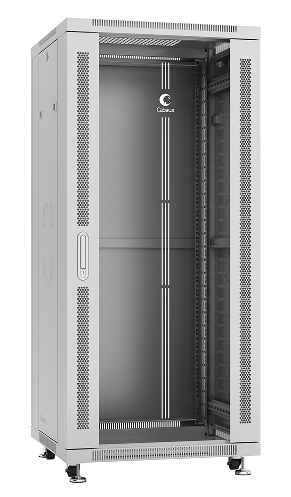 Cabeus SH-05C-27U60/100 Шкаф монтажный телекоммуникационный 19" напольный для распределительного и серверного оборудования 27U 600x1000x1388mm (ШхГхВ) передняя стеклянная и задняя сплошная металлическая двери, ручка с замком, цвет серый (RAL 7035) — фото