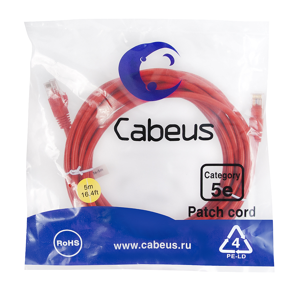Патч-корд RJ45 UTP 5e Cabeus PC-UTP-RJ45-Cat.5e-5m-RD-LSZH LSZH красный 5 метров — фото