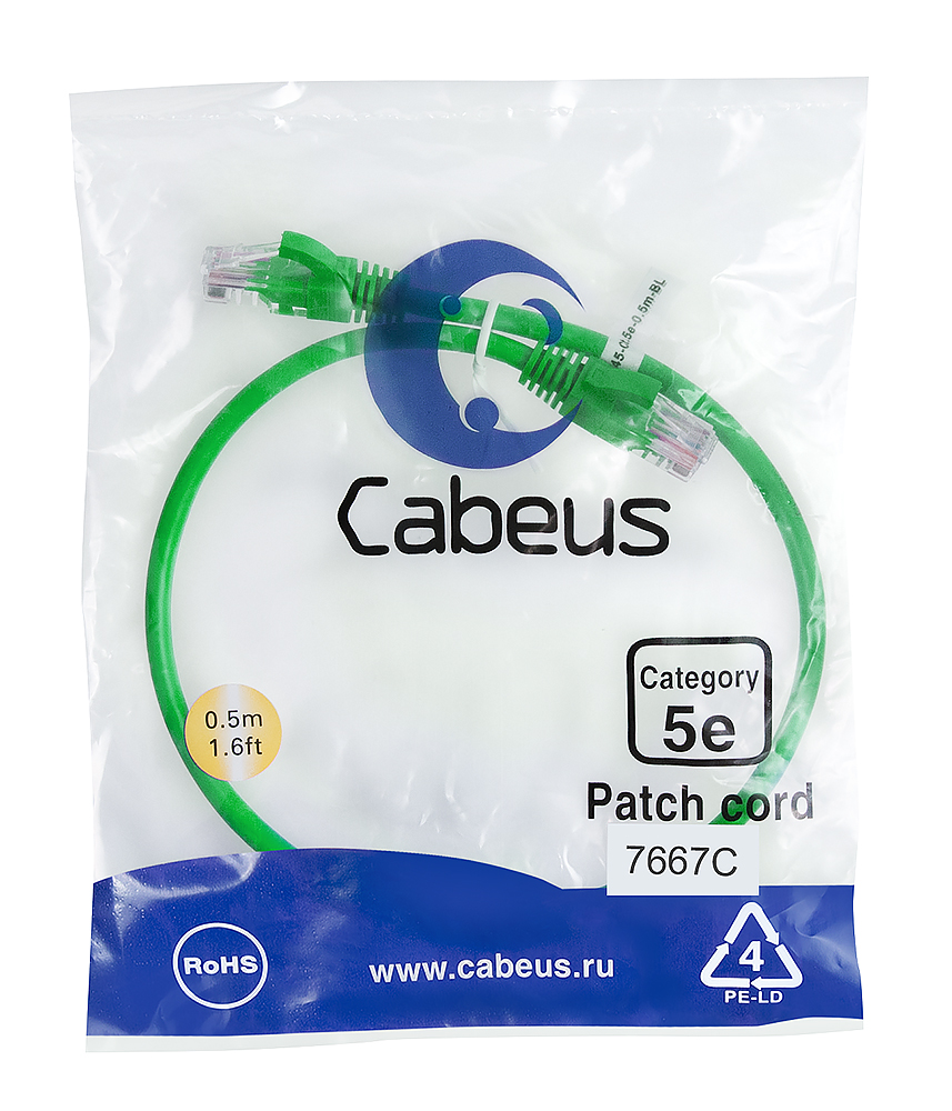Патч-корд RJ45 UTP 5e Cabeus PC-UTP-RJ45-Cat.5e-0.5m-GN-LSZH LSZH зеленый 0.5 метра — фото