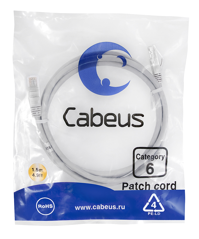 Патч-корд RJ45 UTP 6 Cabeus PC-UTP-RJ45-Cat.6-1.5m PVC серый 1.5 метра — фото