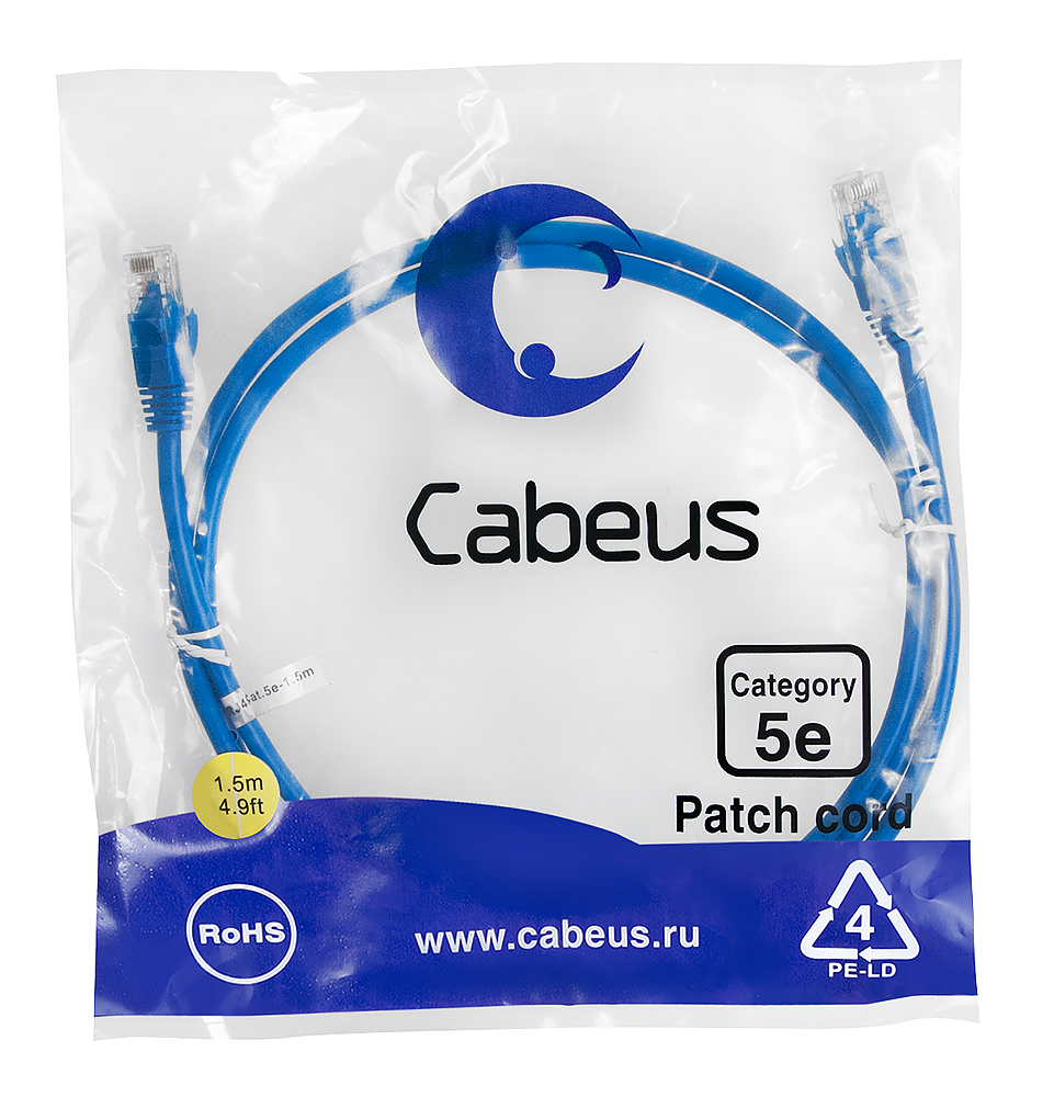 Патч-корд RJ45 UTP 5e Cabeus PC-UTP-RJ45-Cat.5e-1.5m-BL PVC синий 1.5 метра — фото