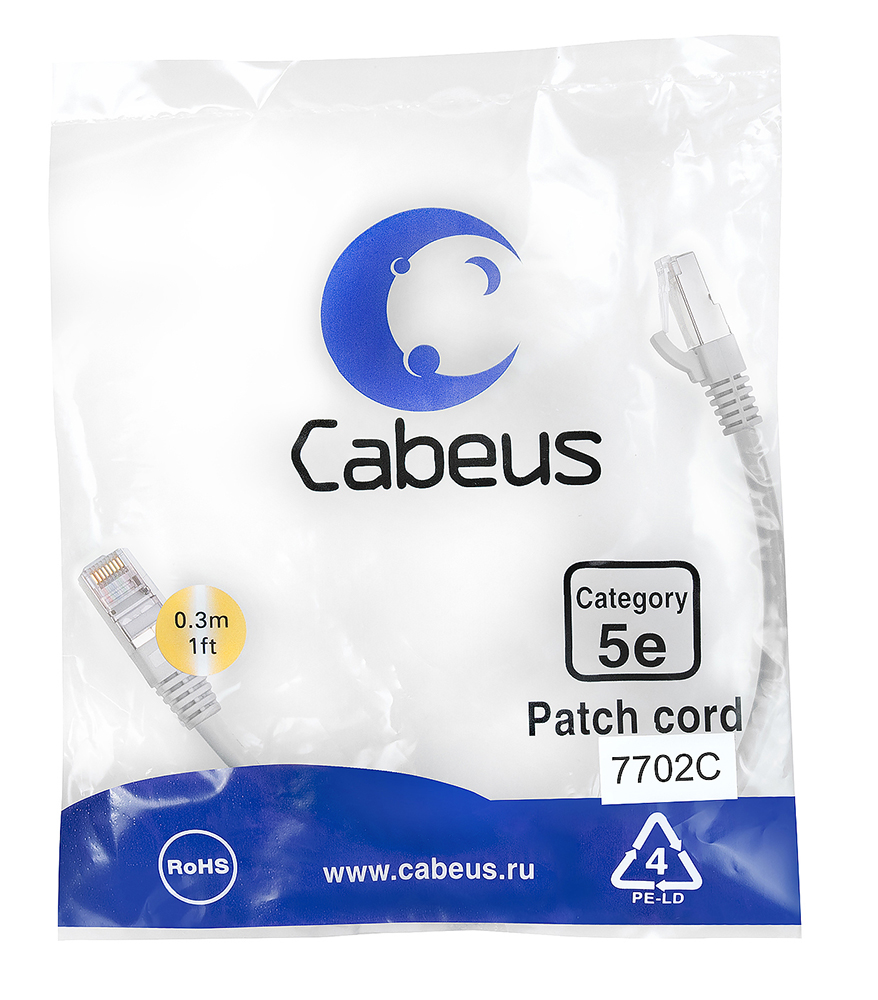 Патч-корд RJ45 F/UTP 5e Cabeus PC-FTP-RJ45-Cat.5e-0.3m PVC серый 0.3 метра — фото